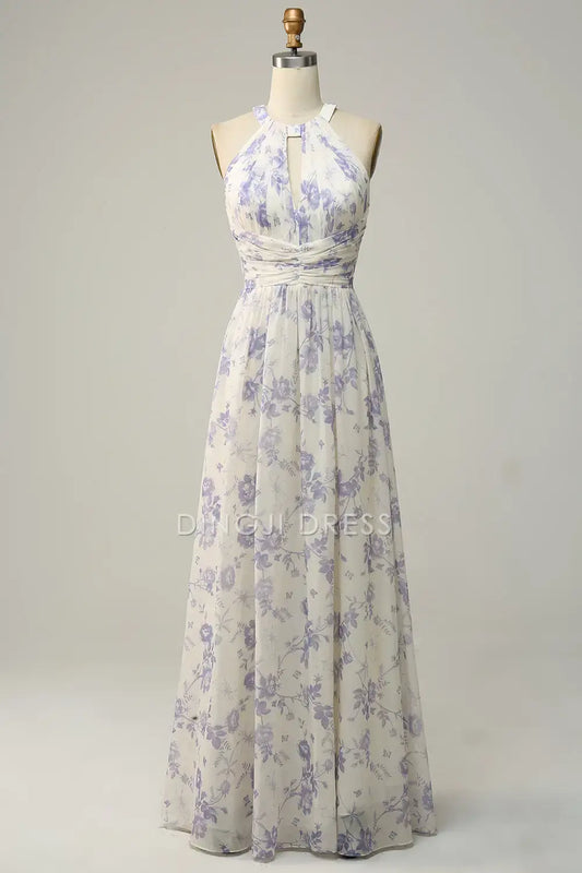 DingJiDress Elegant A Line Halter Sleeveless Pleated Backless Retro Floral Printing Party Dress Hot Sale Prom Dress