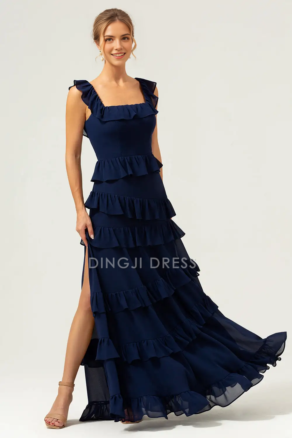 DingJiDress Hot Sale Prom Dress A-Line Square Neck Sleeveless Tiers Ruffleed With Slit Long Formal Dresses