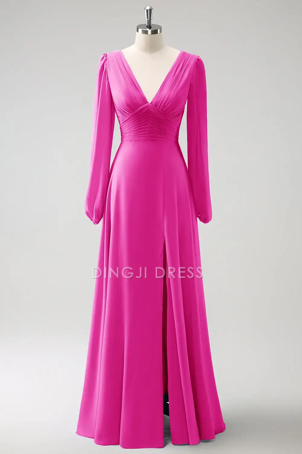 DingJiDress Hot Sale Prom Dress A Line V-Nack Pleated Long Sleeves Side Fork Elegant Long Formal Dresses