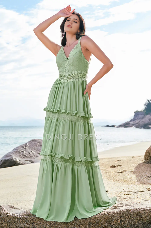 DingJiDress Hot Sale Prom Dress A Line V Neck Ruffled Backless Floral Lace Bohemia Long Formal Dresses