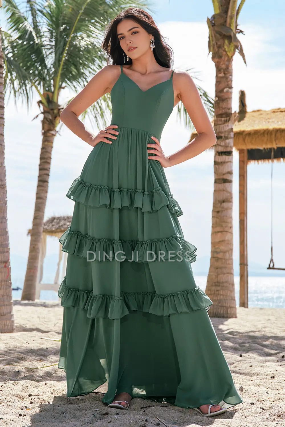 DingJiDress Hot Sale Prom Dress A Line V Neck Spaghetti Straps Backless Layering Ruffles Exquisite Long Formal Dresses