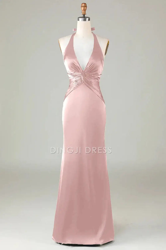 DingJiDress Hot Sale Prom Dress Mermaid Halter Deep V Neck Pleated Backless Elegant Simple Long Formal Dresses