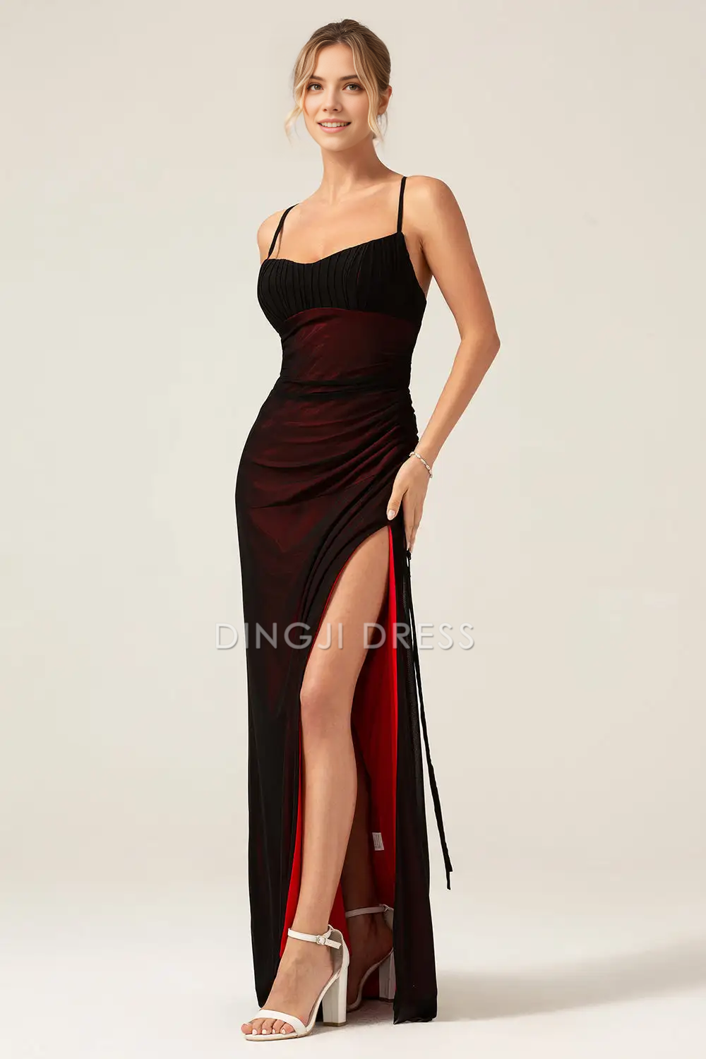 DingJiDress Hot Sale Prom Dress Charming Sheath Spaghetti Straps Pleated Backless Side Fork Floor Length Sexy Formal Dresses
