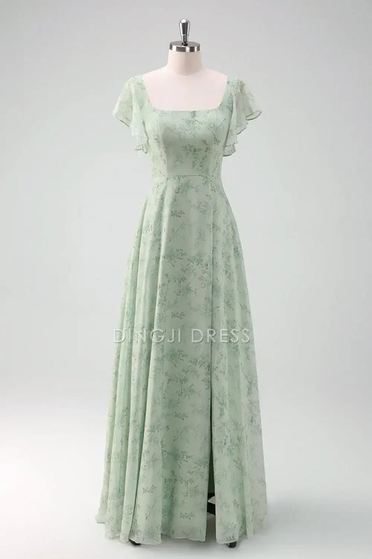 DingJiDress Hot Sale Prom Dress Sheath Square Neck Flutter Sleeves Floral Printed With Slit Fantastic Formal Dresses