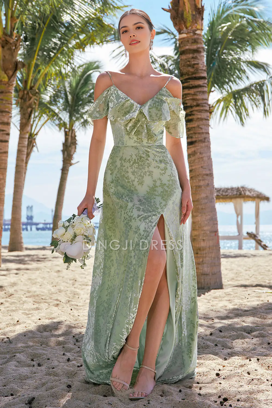DingJiDress Hot Sale Prom Dress Sheath V Neck Spaghetti Strap Ruched Cold Shoulder Floral Side Fork Retro Long Formal Dresses