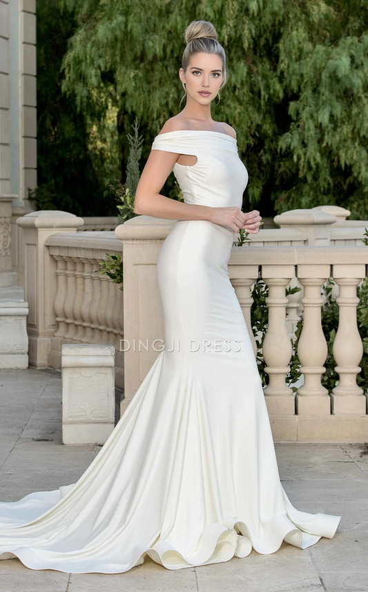 DingJiDress Hot Sale Wedding Dress Charming Mermaid Off Shoulder Sleeveless Ruched Sweep Train Exquisite Formal Wear Dresses