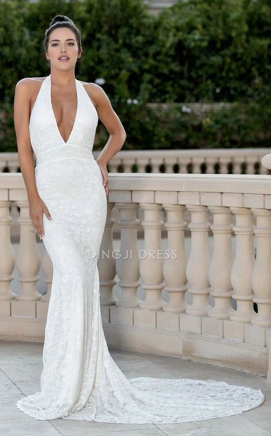 DingJiDress Hot Sale Wedding Dress Charming Mermaid Sleeveless Halter Deep V Neck Backless Lace Exquisite Sweep Train Formal Wear Dresses