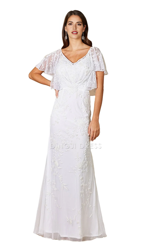 DingJiDress Hot Sale Wedding Dress Fashion Sheath V Neck Flutter Sleeve Floral Embellished Gown with Open Back Exquisite Formal Wear Dresses