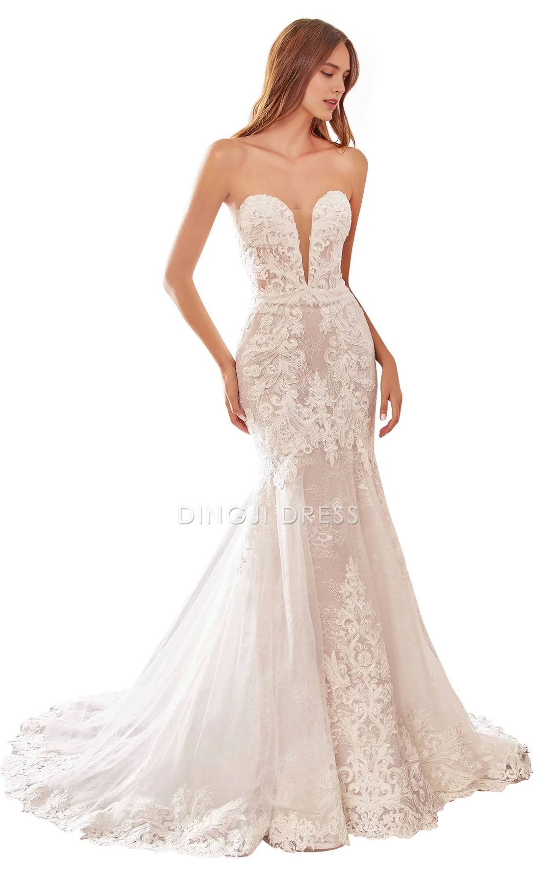 DingJiDress Hot Sale Wedding Dress Gorgeous Mermaid Strapless Sweetheart Luxurious Lace Formal Wear Dresses
