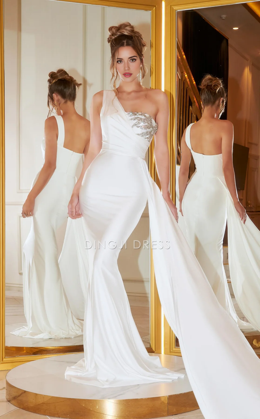 DingJiDress Hot Sale Wedding Dress Mermaid One-Shoulder Sleeveless Asymmetric Neckline Beadwork Ruched Bodice Fashion Formal Wear Dresses