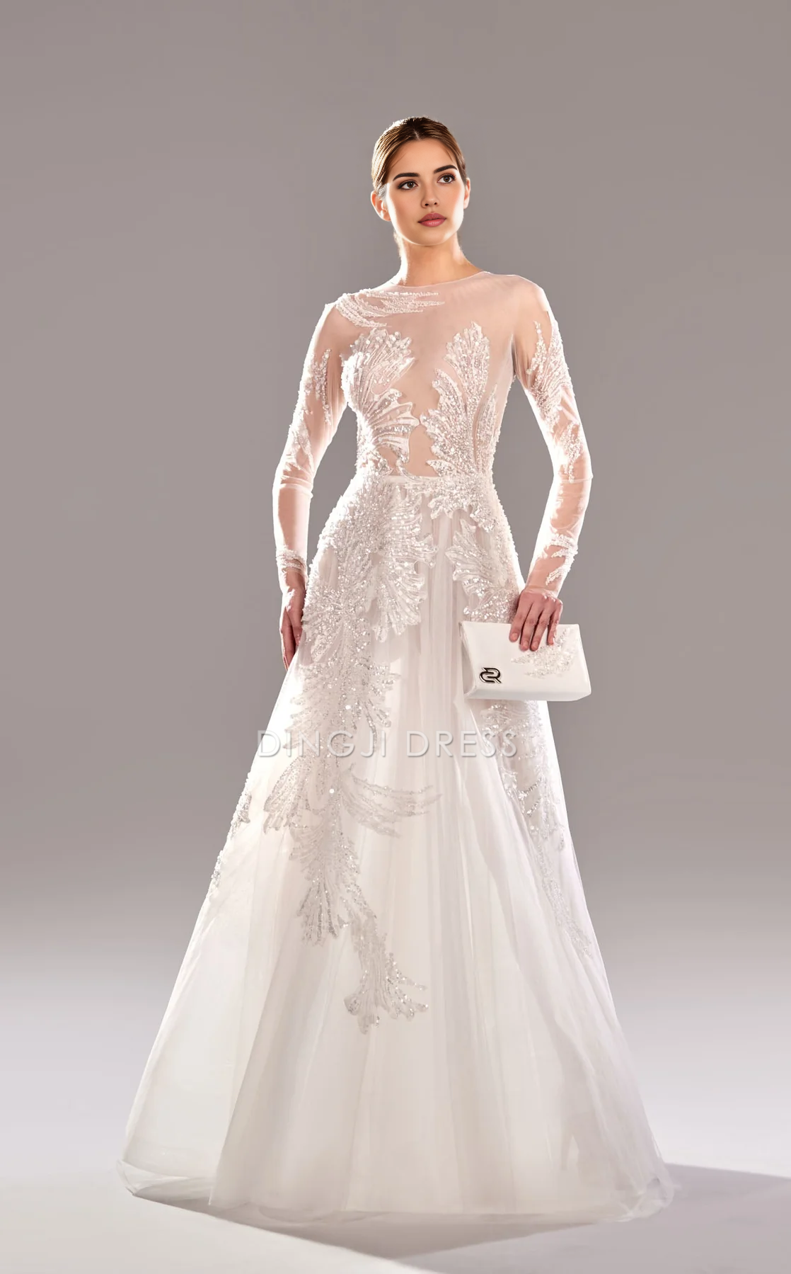 DingJiDress Hot Sale Wedding Dress Shiny A-line Round Neckline Long Sleeves Dress Gorgeous Formal Wear Dresses