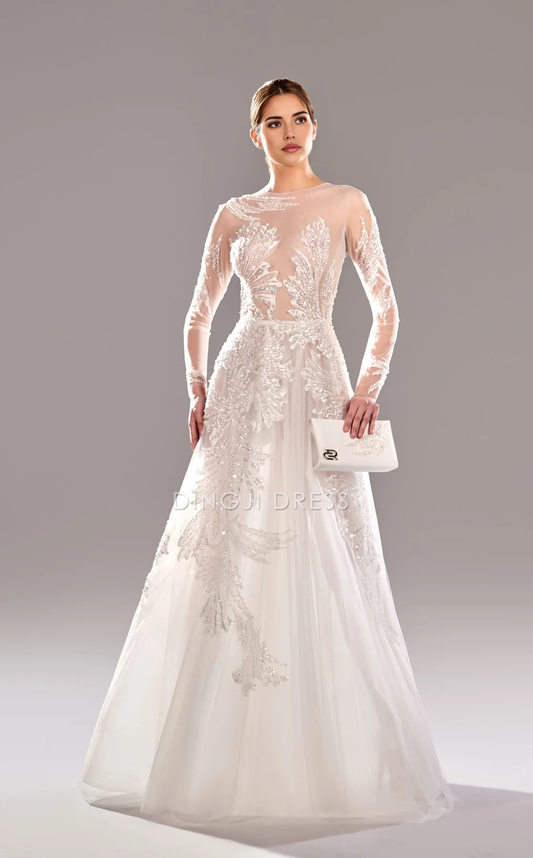 DingJiDress Hot Sale Wedding Dress Shiny A-line Round Neckline Long Sleeves Dress Gorgeous Formal Wear Dresses