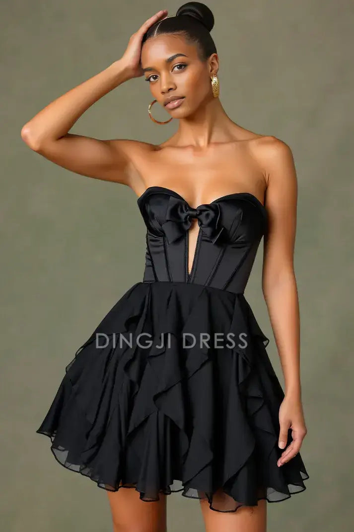 DingJiDress Mini Dress Black A-Line Strapless Bowknot Sweetheart Neckline Keyhole Tiers Ruffles Charming Dress Discount Hot Sale Homecoming Dress