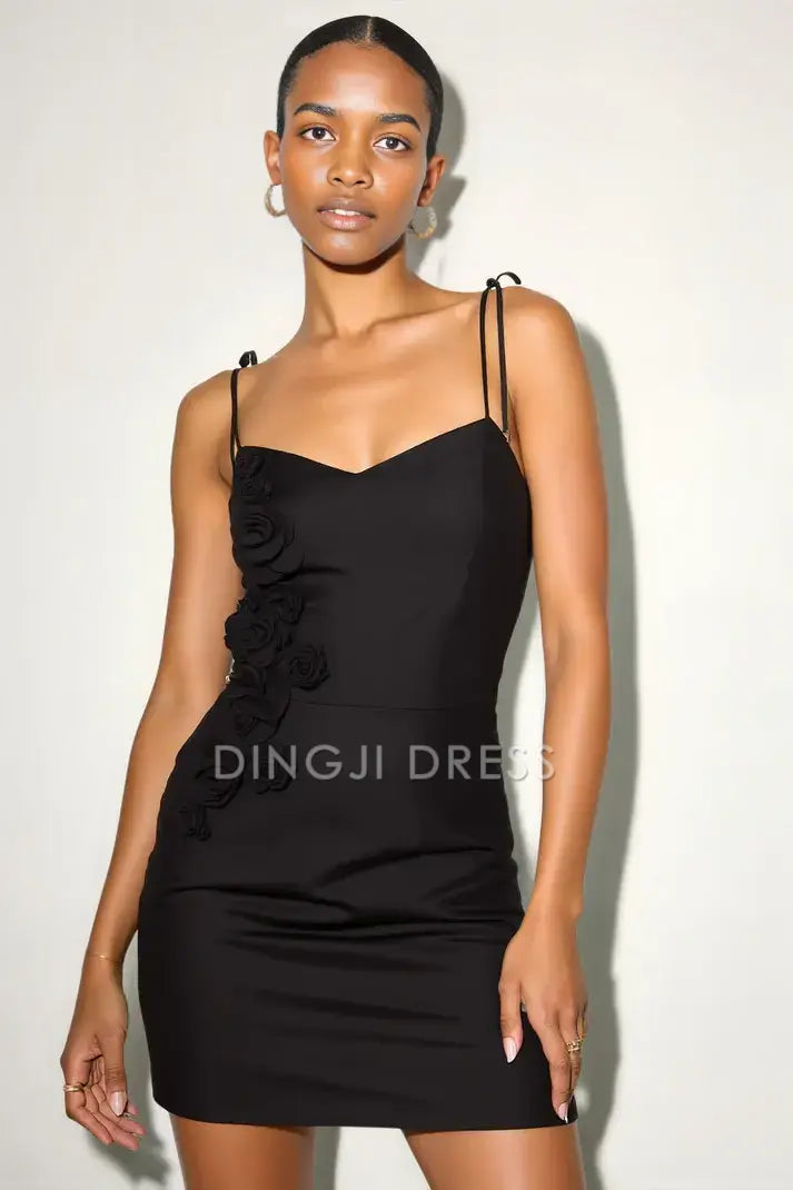 DingJiDress Mini Dress Black Sheath V Neck Spaghetti Straps 3D Flowers Charming Dress Discount Hot Sale Homecoming Dress