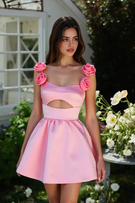 DingJiDress Mini Dress Cute A-Line 3D Flowers Shoulder Straps Hollow Backless Romantic Dress Discount Hot Sale Homecoming Dress