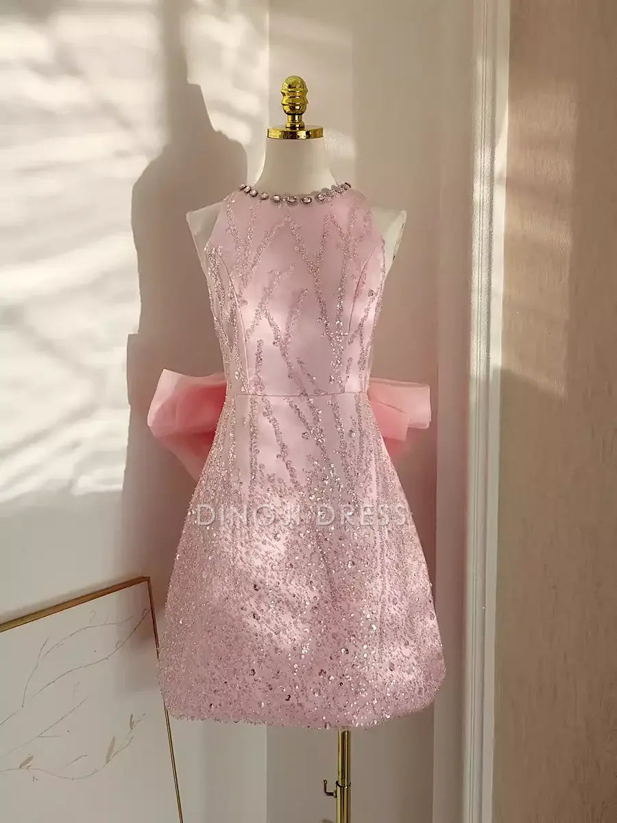 DingJiDress Mini Dress Pink Exquisite A Line Round Neck Sleeveless Sequin Bow Sparkle Dress Discount Hot Sale Homecoming Dress