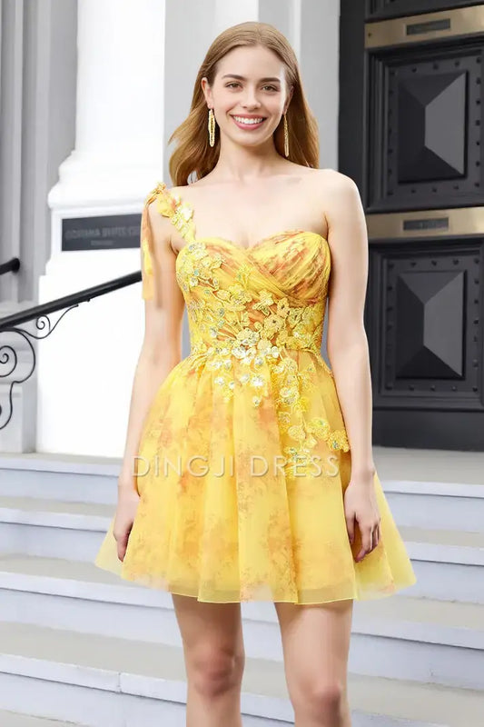 DingJiDress Mini Dress Printing A-Line One Shoulder Sweetheart Neckline Sequins Applique Backless Charming Dress Discount Hot Sale Homecoming Dress