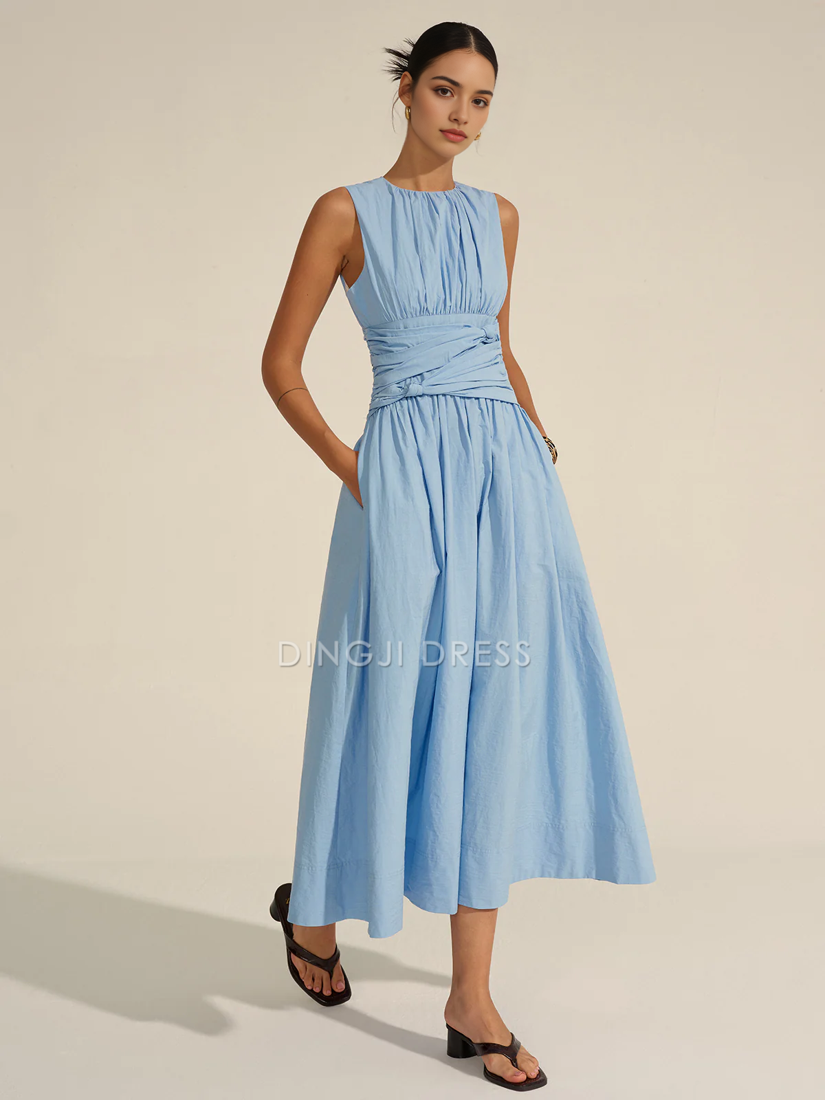DingJiDress Party Dress A Line Crew Neck Sleeveless Pleated Tie Knot Elegant Hot Sale Prom Dress