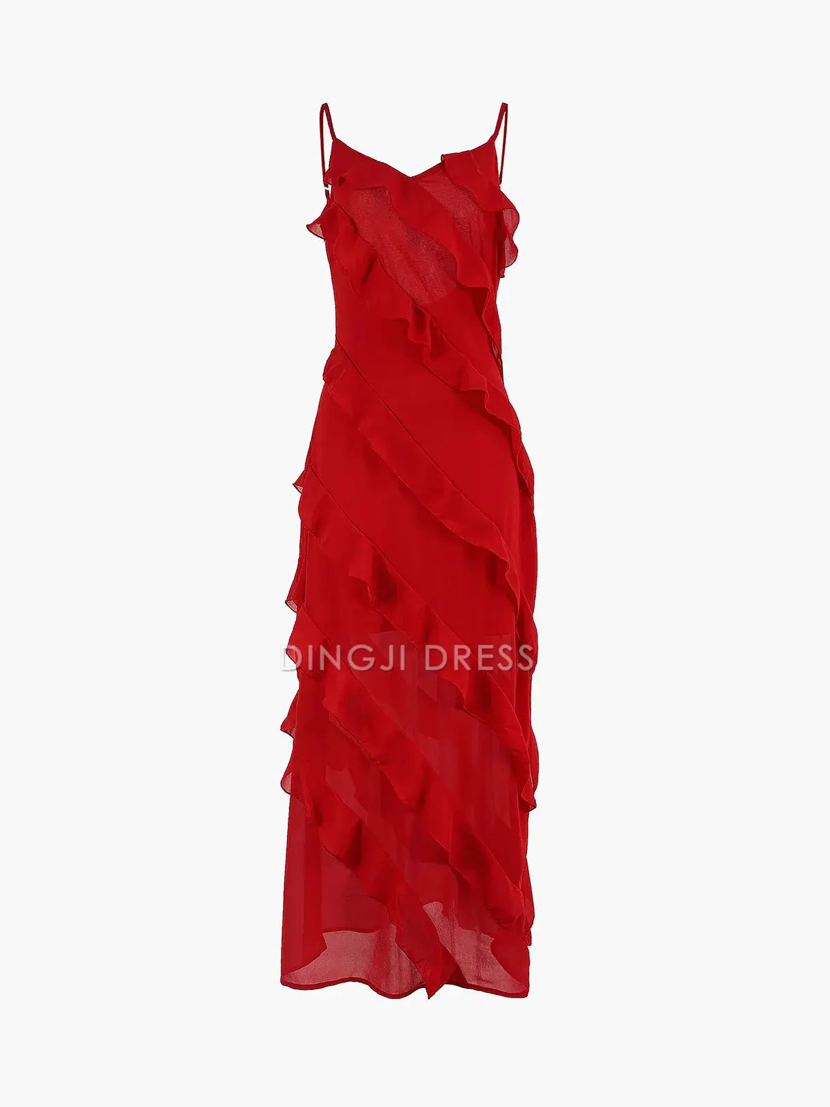 DingJiDress Party Dress Sheath Spaghetti Strap V Neck Ladder Ruffle Exquisite Long Dress Hot Sale Prom Dress