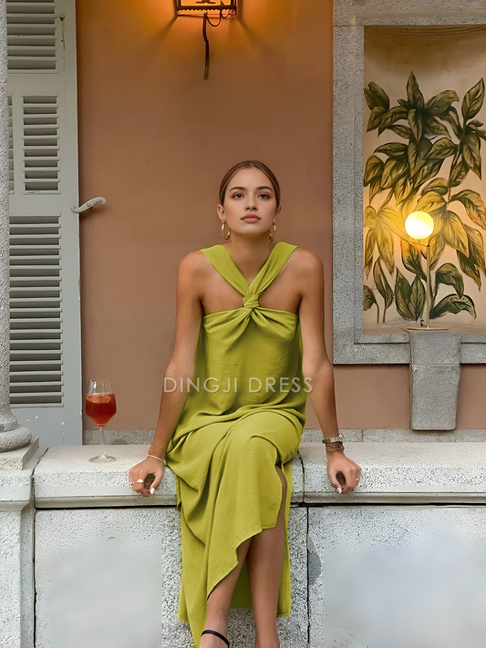 DingJiDress Party Dress Straight Cross Halter Sleeveless Split Fashion Simple Long Dress Hot Sale Prom Dress