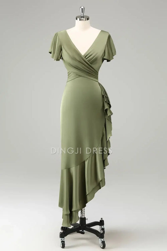 DingJiDress Sheath V Neck Flutter Sleeves Lace up Backless Irregular Ruched Hemline Fashion Party Dress Hot Sale Prom Dress