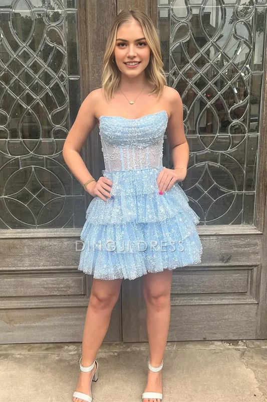 DingJiDress Short Dress A-Line Glitter Strapless Beads layered Ruched Sequin Hot Sale Homecoming Dress