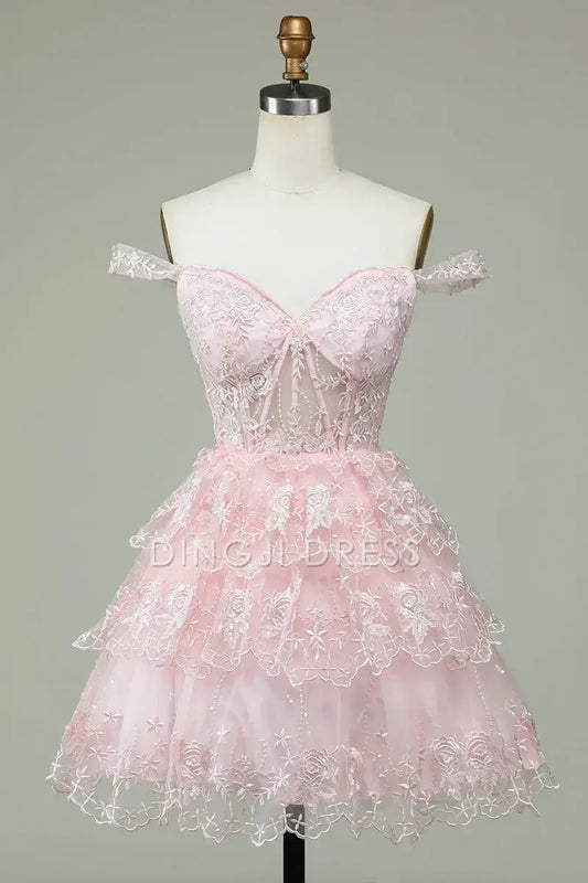 DingJiDress Short Dress A Line Off Shoulder Sweetheart Embroidered Layered Tulle Fashion Princess Dress Hot Sale Homecoming Dress