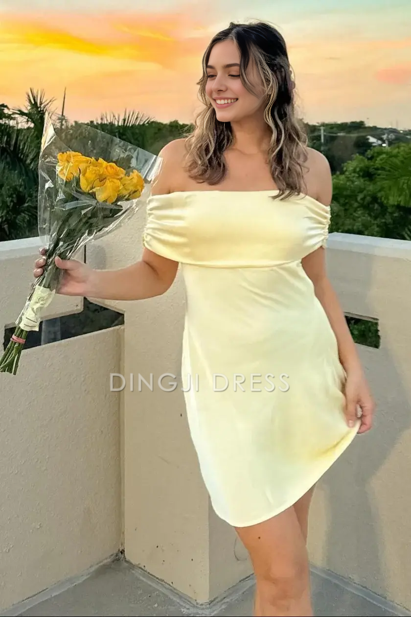 DingJiDress Short Dress Chic Yellow Sheath Off the Shoulder Bow Back Simple Hot Sale Homecoming Dress