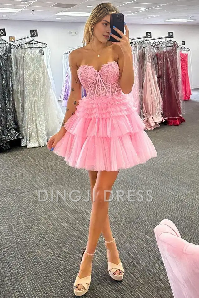 DingJiDress Short Dress Fashion A-Line Strapless Sweetheart Neckline Appliques Layers Ruched Backless Exquisite Hot Sale Homecoming Dress