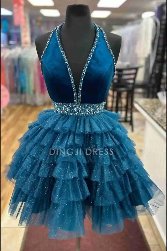 DingJiDress Short Dress Gorgeous A Line Halter Deep V Neck Beaded Backless Layering Ruffled Fashion Hot Sale Homecoming Dress
