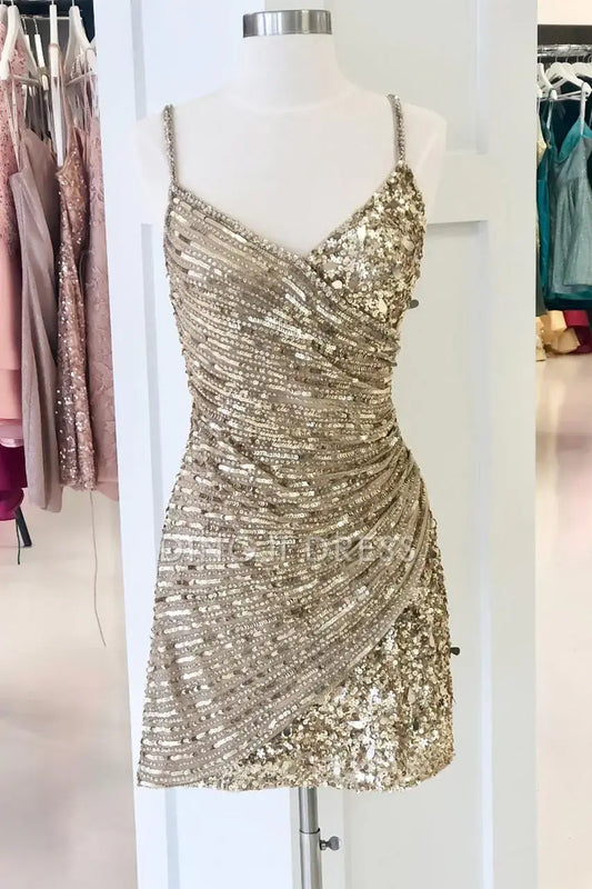 DingJiDress Short Dress Sequin Sheath Spaghetti Strap V Neck Sparkle Charming Hot Sale Homecoming Dress