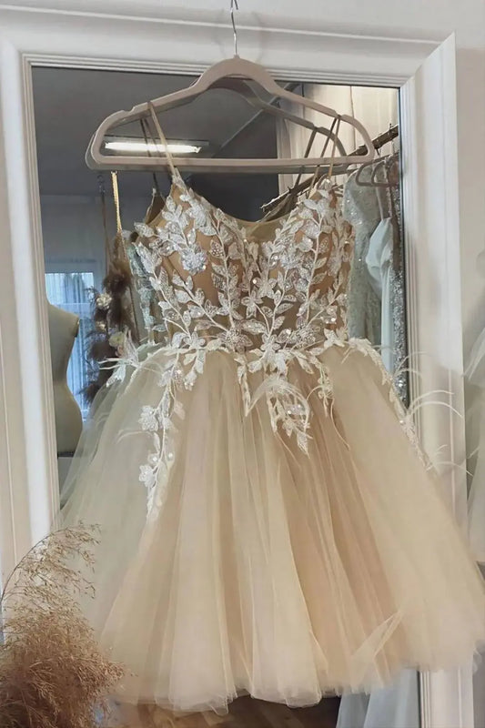 DingJiDress Short Evening Dress A Line Spaghetti Strap Round Neck Romantic Lace Sequin Applique Exquisite Cocktail Dress Hot Sale Homecoming Dress