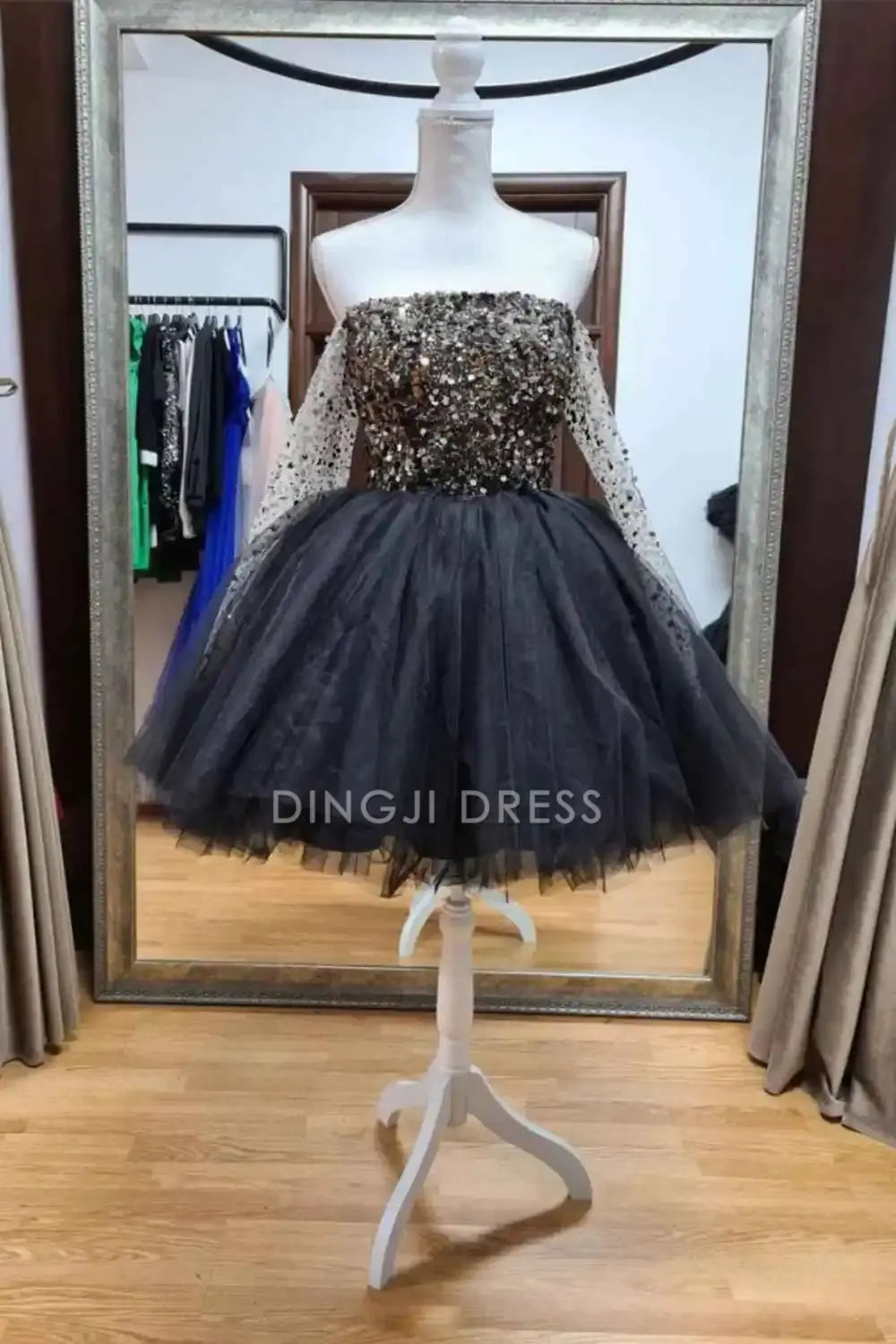 DingJiDress Short Evening Dress Ball Gown Sequin A Line Off The Shoulder Long Sleeves With Beading Sparkle Cocktail Dress Hot Sale Homecoming Dress