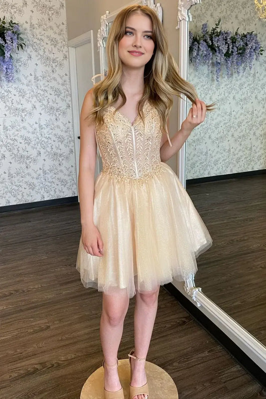 DingJiDress Short Evening Dress Chic A-Line V-Nwck Spaghetti Strap With Appliques Sparkle Elegant Cocktail Dress Hot Sale Homecoming Dress