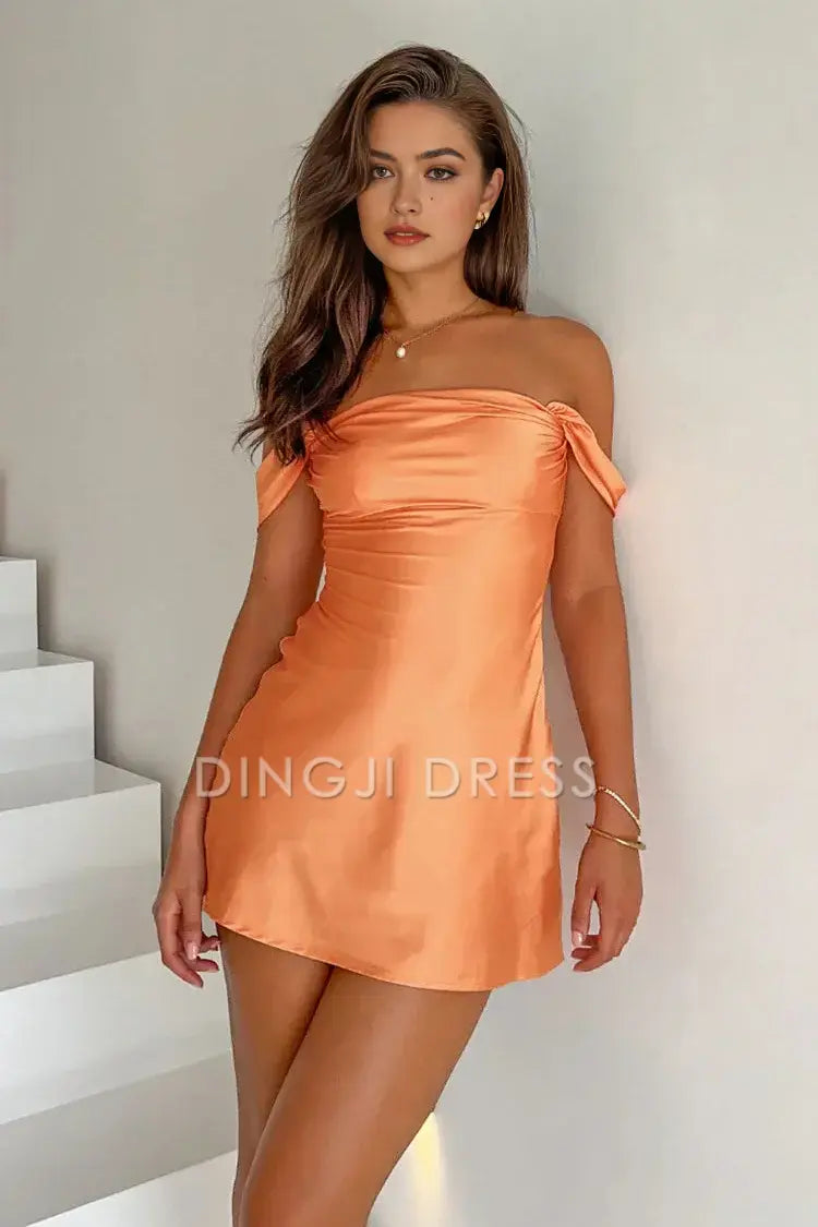DingJiDress Short Evening Dress Chic Sheath Off The Shoulder Low-Cut With Ruched Simple Cocktail Dress Hot Sale Homecoming Dress