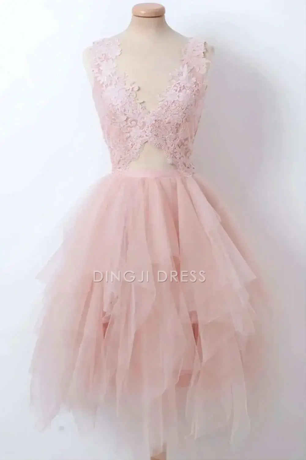 DingJiDress Short Evening Dress Elegant A-Line Lace Deep V Neck Sleeveless Keyhole Asymmetrical Hemline Fashion Cocktail Dress Hot Sale Homecoming Dress