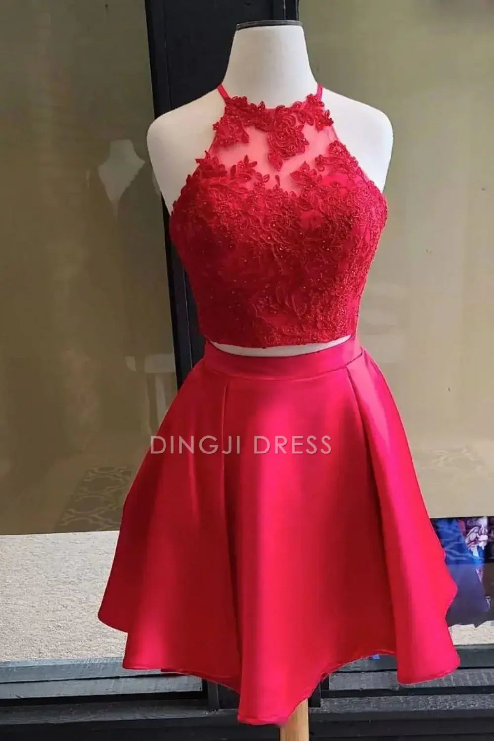DingJiDress Short Evening Dress Exquisite A Line Halter Lace Top Beading Ruched Fashion Cocktail Dress Hot Sale Homecoming Dress