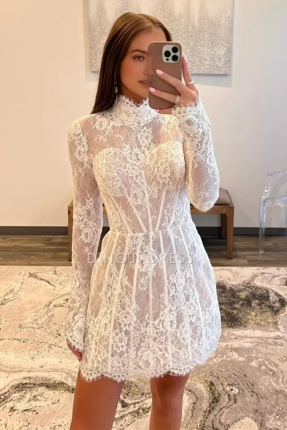 DingJiDress Short Evening Dress Exquisite Lace A-Line High Neck Long Sleeves Elegant Cocktail Dress Hot Sale Homecoming Dress