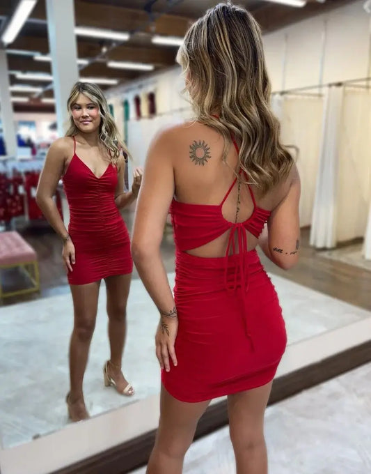 DingJiDress Short Evening Dress Fashion Sheath V Neck Spaghetti Straps Pleated Key Hole Backless Charming Red Cocktail Dress Hot Sale Homecoming Dress