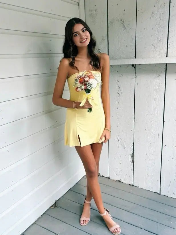 DingJiDress Short Evening Dress Simple Sheath Strapless Yellow With Slit Fashion Cocktail Dress Hot Sale Homecoming Dress