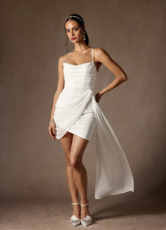 DingJiDress Short Prom Dress Sheath Cowl Neckline Spaghetti Strap Pleated Flutter Belt Fashion Hot Sale Homecoming Dress