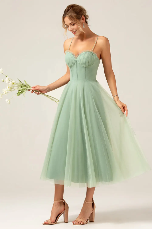 DingJiDress A-Line Sweetheart Neckline Corset Spaghetti Strap Backless Exquisite Tea-Length Party Dress Hot Sale Prom Dress