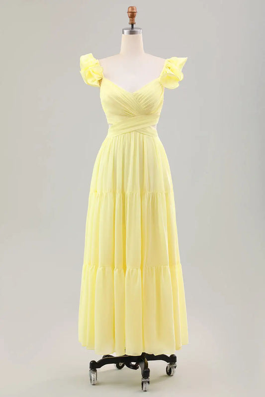 DingJiDress A Line V Neck Ruffled Shoulder Strap Pleated Cute Party Dress Hot Sale Prom Dress