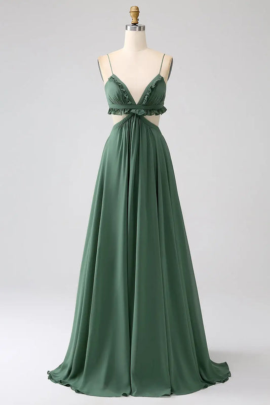 DingJiDress Fashion A Line Deep V Neck Spaghetti Straps Ruffles Hollow-Out Backless Party Dress Hot Sale Prom Dress