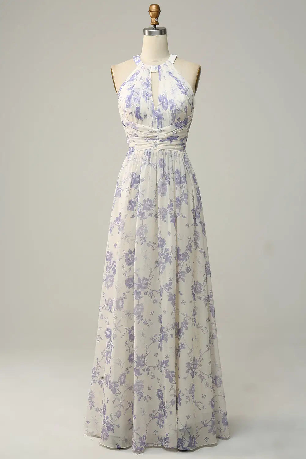 DingJiDress Elegant A Line Halter Sleeveless Pleated Backless Retro Floral Printing Party Dress Hot Sale Prom Dress