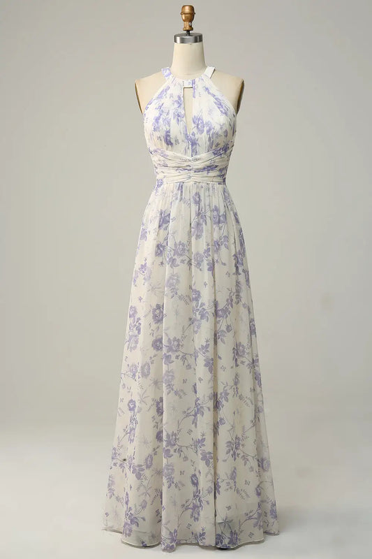 DingJiDress Elegant A Line Halter Sleeveless Pleated Backless Retro Floral Printing Party Dress Hot Sale Prom Dress