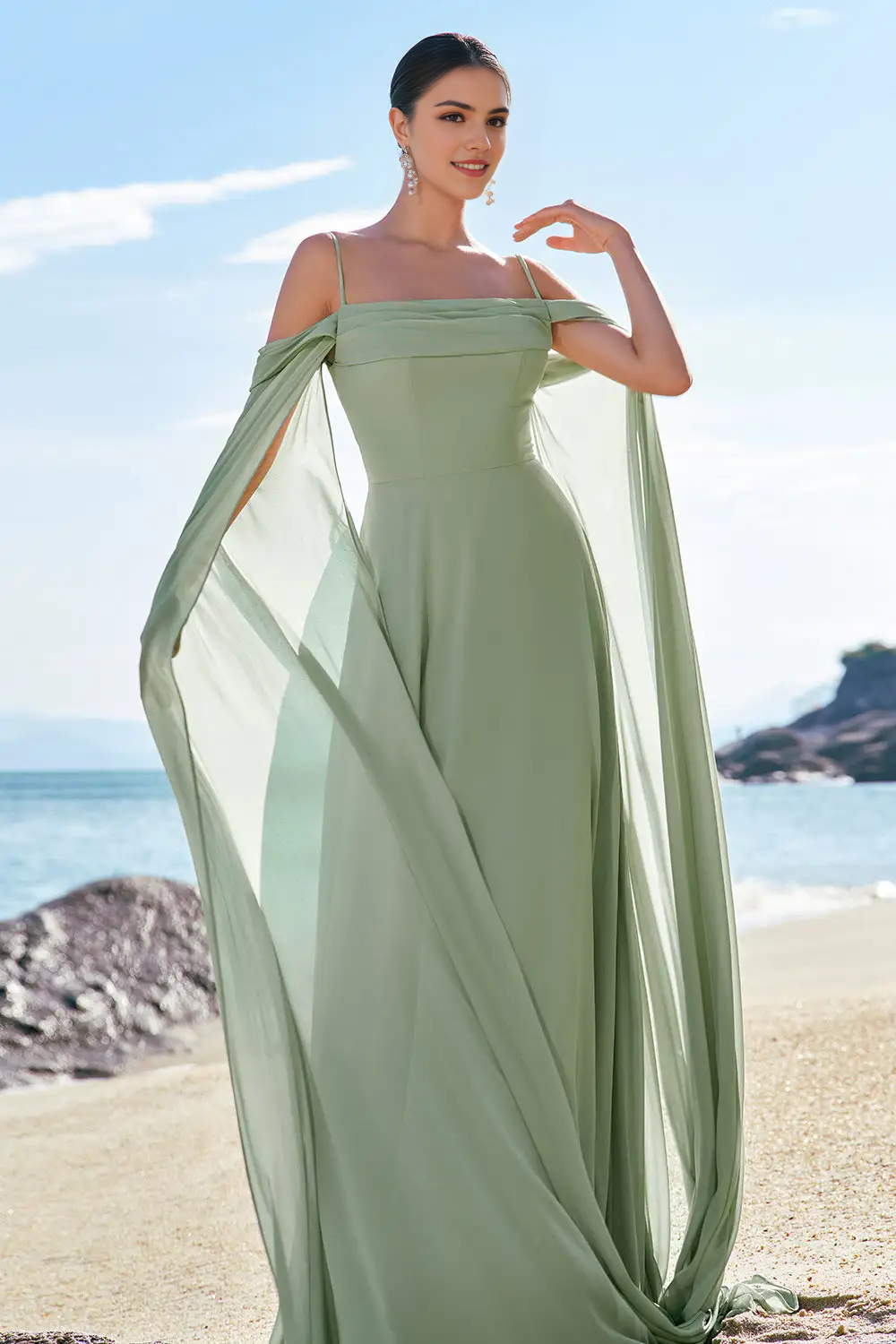 DingJiDress Hot Sale Prom Dress A-Line Spaghetti Strap Cold Shoulder Flutter Sleeves Fantastic Long Formal Dresses