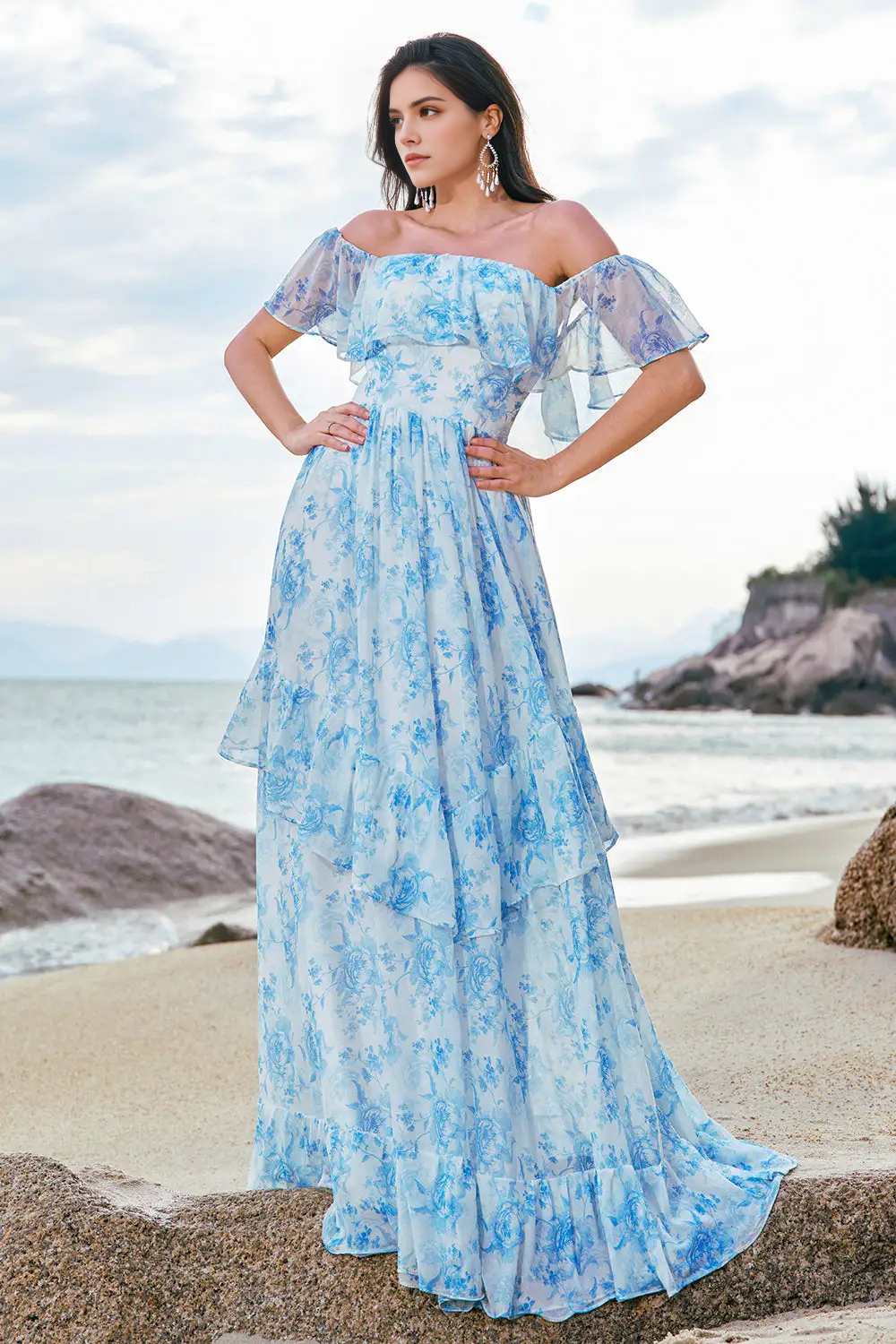 DingJiDress Hot Sale Prom Dress A Line Off The Shoulder Backless Ruffles Printing Boho Exquisite Long Formal Dresses