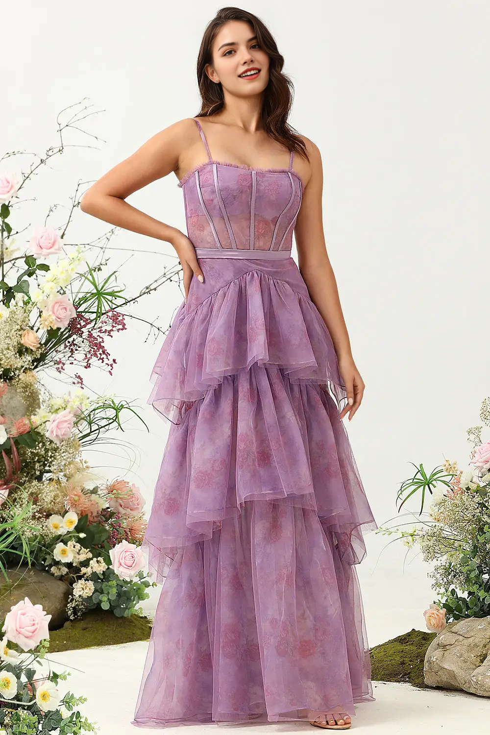 DingJiDress Hot Sale Prom Dress A Line Spaghetti Strap Corset Tiers Ruched Printed Exquisite Retro Long Formal Dresses