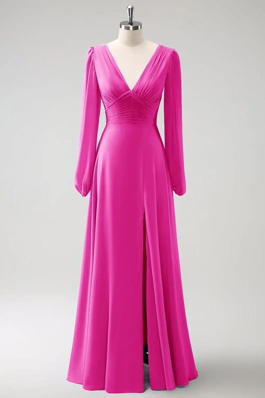 DingJiDress Hot Sale Prom Dress A Line V-Nack Pleated Long Sleeves Side Fork Elegant Long Formal Dresses